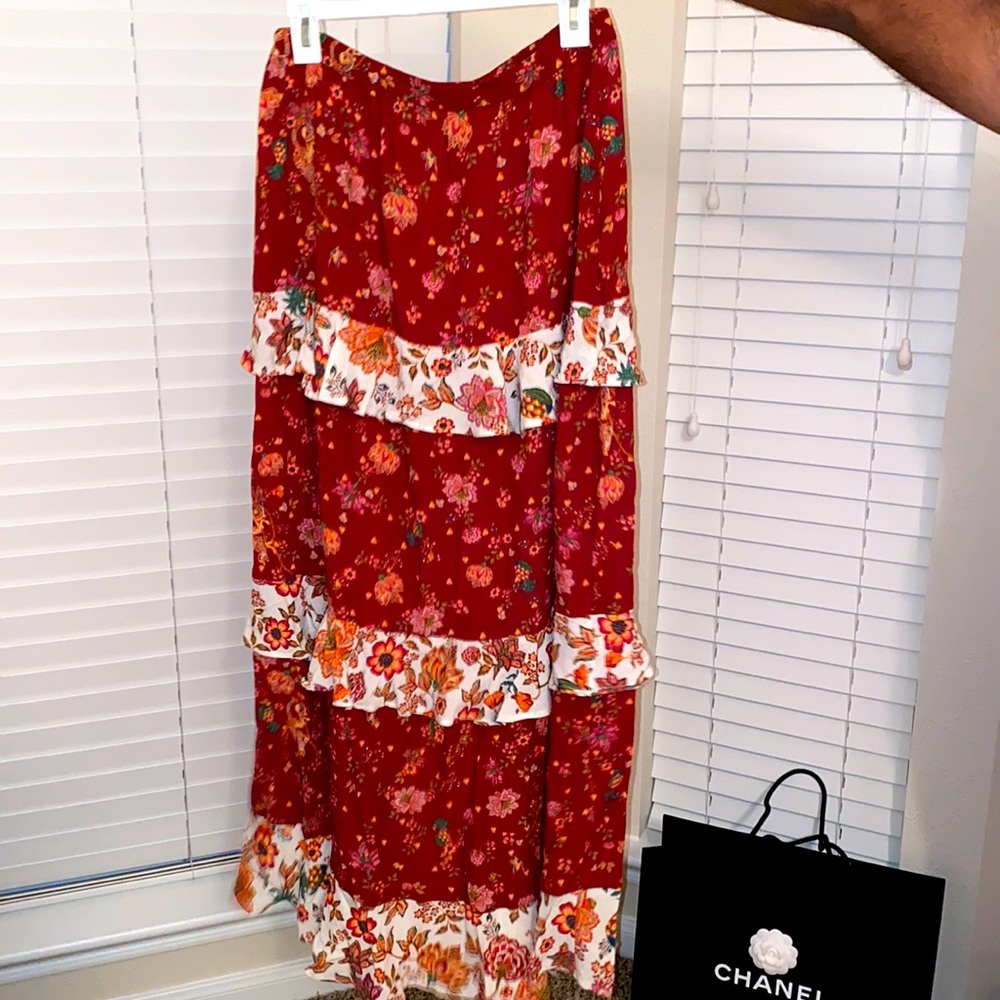 Farm Rio for Anthropologie red tiered maxi skirt